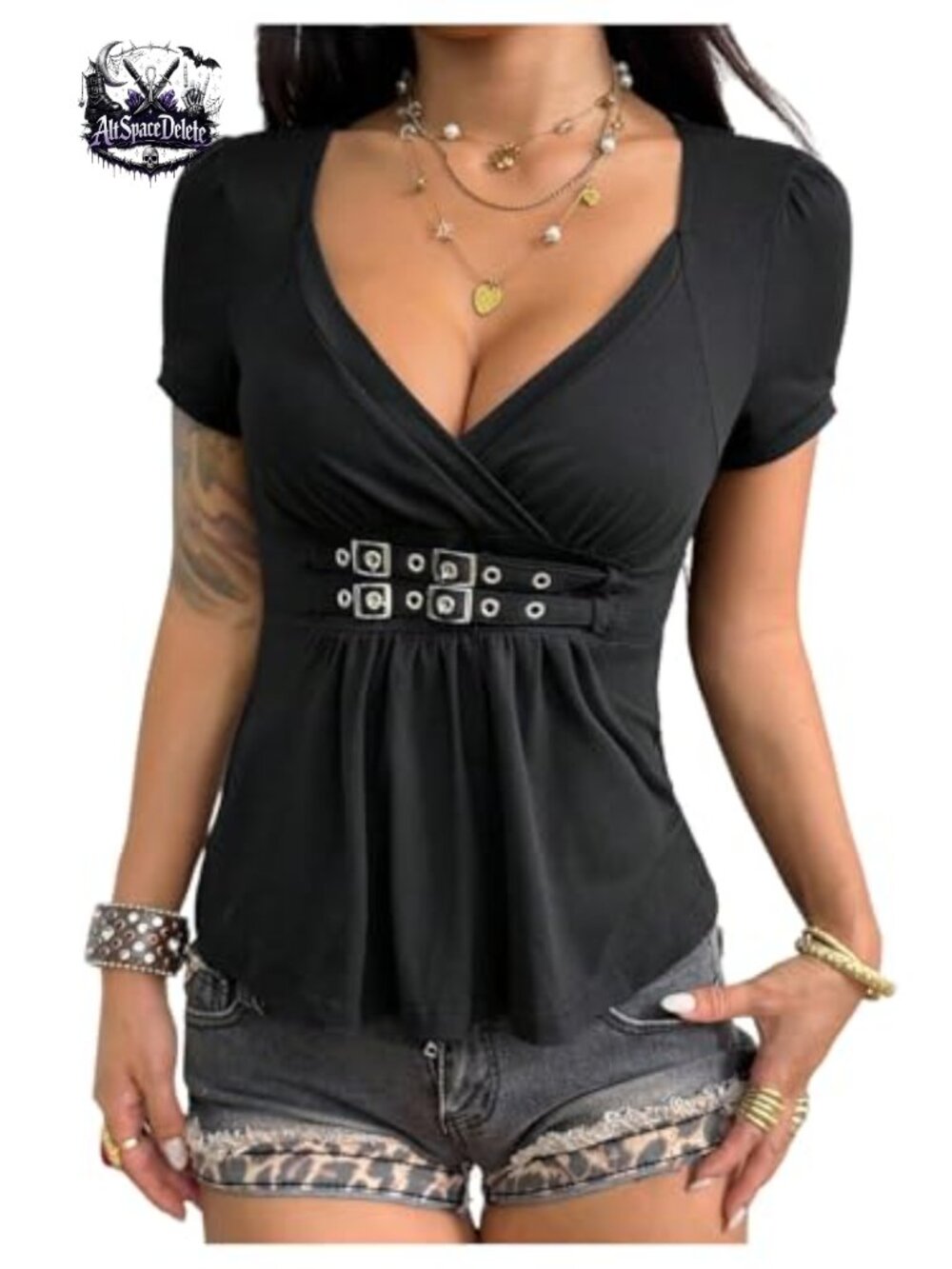 Gothic Babydoll Top V Neck Tunic Blouse with Grommet Eyelets